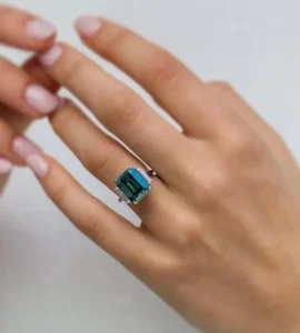 Excellent Green Emerald Cut Three Stone Ring | Best For Engagement & Wedding