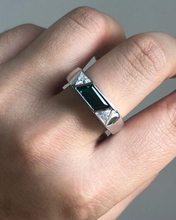 1.5Ct Green Emerald Cut Three Stone Men's Engagement Ring | Best Proposal Ring - Image 6