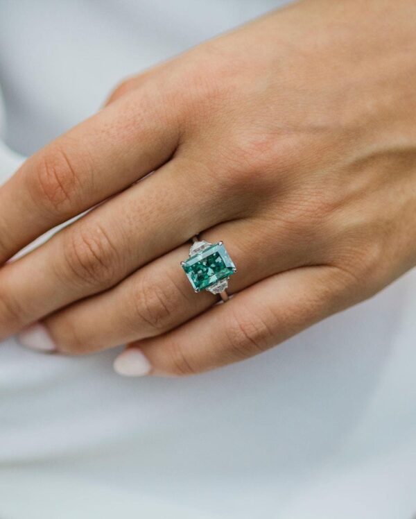 3Ct Green Radiant Cut Three Stone Anniversary Gift Ring | Proposal Ring For Her - Image 2