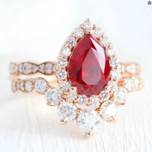 Brilliant Cut Vintage Ruby Pear Halo Ring Set | Perfect Gift For Her