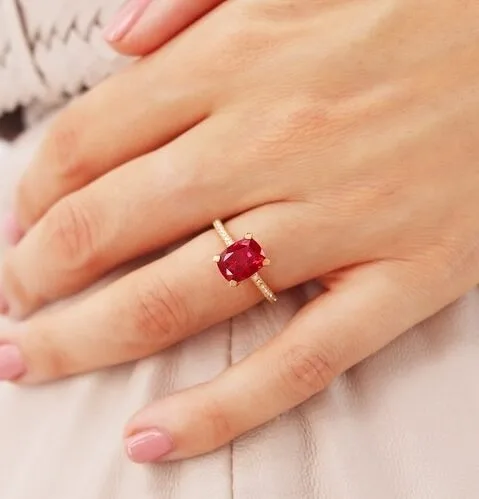 Red Cushion Solitaire Ring
