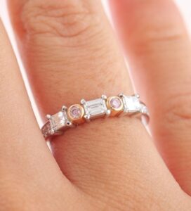 Unique 1.2Ct White Emerald And Pink Round Half Eternity Perfect Promise Band For Wife