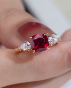 1.8Ct Red Cushion Cut Three Stone Wedding Ring | Best Proposal Ring For Fiancée
