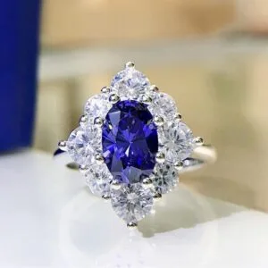 2.5Ct Blue Oval Cut Halo Wedding Ring | Perfect Forever One Ring For Fiancée
