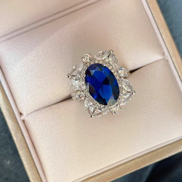 Blue Oval Halo Ring