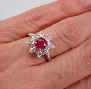Dazzling 2Ct Red Round Cut Halo Engagement Ring | Party Wear Ring For Women