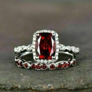 Delicate 3.10Ct Red Cushion Cut Halo Special Occasion Ring Set For Women | Luxury Jewelry