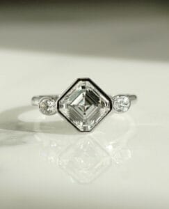 1.80Ct Asscher Cut Bezel Three Stone Promise Ring | Elegant Statement Jewelry for Women