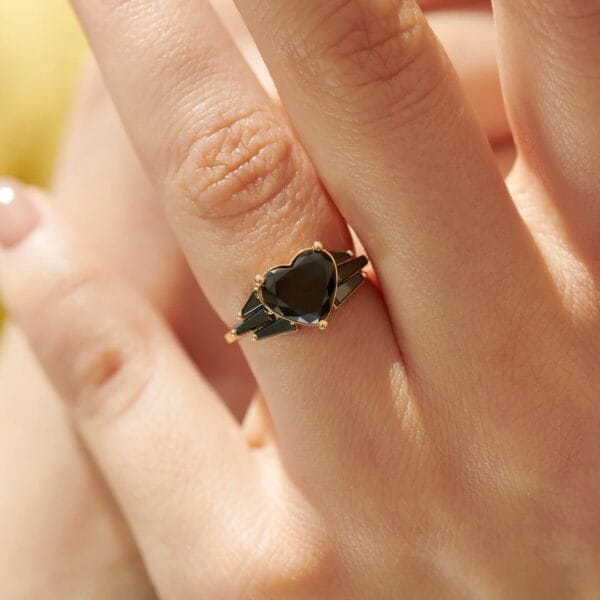 2.10CT Black Heart Cut Solitaire Ring | Wings Style Engagement And Birthday Gift for Her