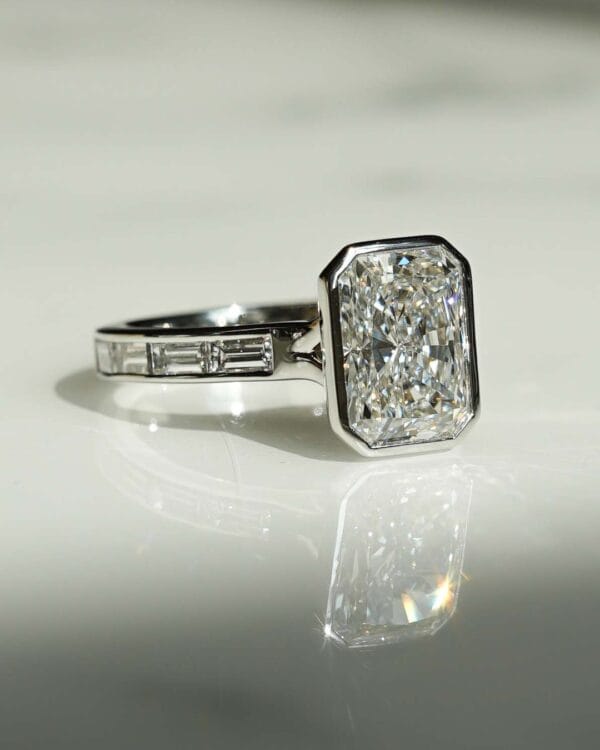 2.50Ct White Radiant Cut Bezel Set Ring | Anniversary Gift Jewelry for Wife | Forever One Statement Ring for Her