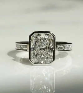 2.50Ct White Radiant Cut Bezel Set Ring | Anniversary Gift Jewelry for Wife | Forever One Statement Ring for Her