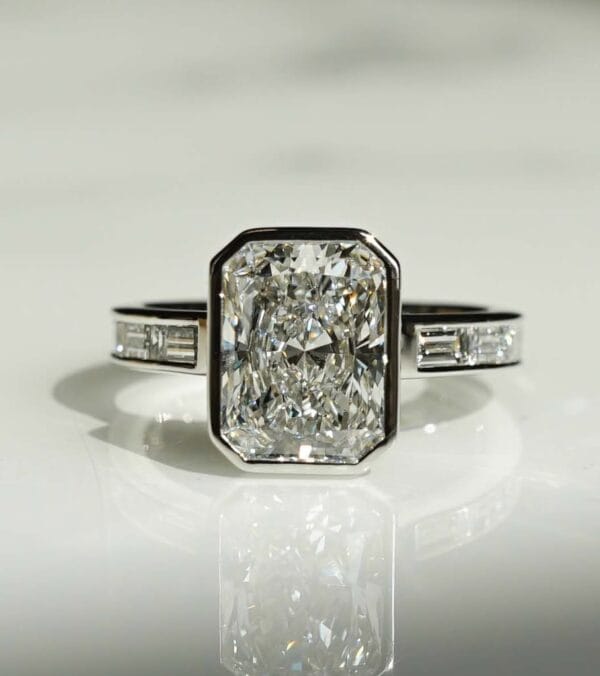 2.50Ct White Radiant Cut Bezel Set Ring | Anniversary Gift Jewelry for Wife | Forever One Statement Ring for Her