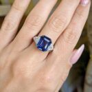 2.80Ct Blue Sapphire Emerald Cut Three Stone Ring | Elegant Trilogy Cocktail Ring For Women | Luxury Party Wear Jewelry Gift