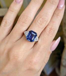 2.80Ct Blue Sapphire Emerald Cut Three Stone Ring | Elegant Trilogy Cocktail Ring For Women | Luxury Party Wear Jewelry Gift