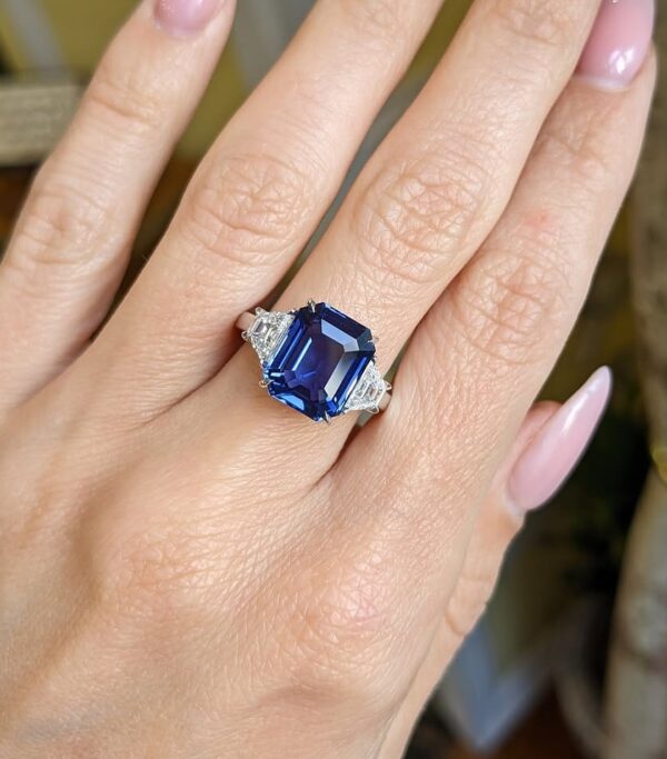 2.80Ct Blue Sapphire Emerald Cut Three Stone Ring | Elegant Trilogy Cocktail Ring For Women | Luxury Party Wear Jewelry Gift