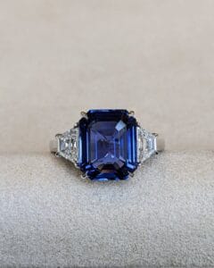 2.80Ct Blue Sapphire Emerald Cut Three Stone Ring | Elegant Trilogy Cocktail Ring For Women | Luxury Party Wear Jewelry Gift