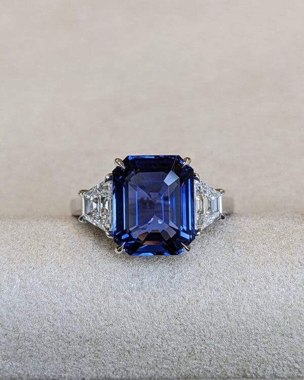 2.80Ct Blue Sapphire Emerald Cut Three Stone Ring | Elegant Trilogy Cocktail Ring For Women | Luxury Party Wear Jewelry Gift
