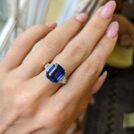 2.80Ct Blue Sapphire Emerald Cut Three Stone Ring | Elegant Trilogy Cocktail Ring For Women | Luxury Party Wear Jewelry Gift