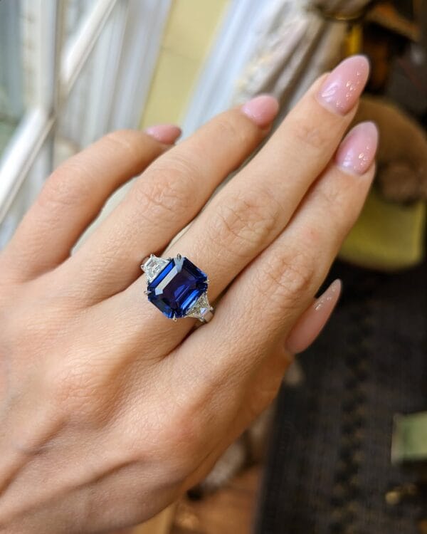 2.80Ct Blue Sapphire Emerald Cut Three Stone Ring | Elegant Trilogy Cocktail Ring For Women | Luxury Party Wear Jewelry Gift