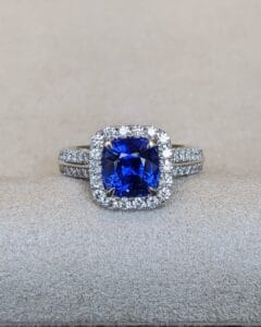 2.40Ct Blue Sapphire Cushion Cut Halo Ring | Elegant Anniversary Gift Jewelry For Women