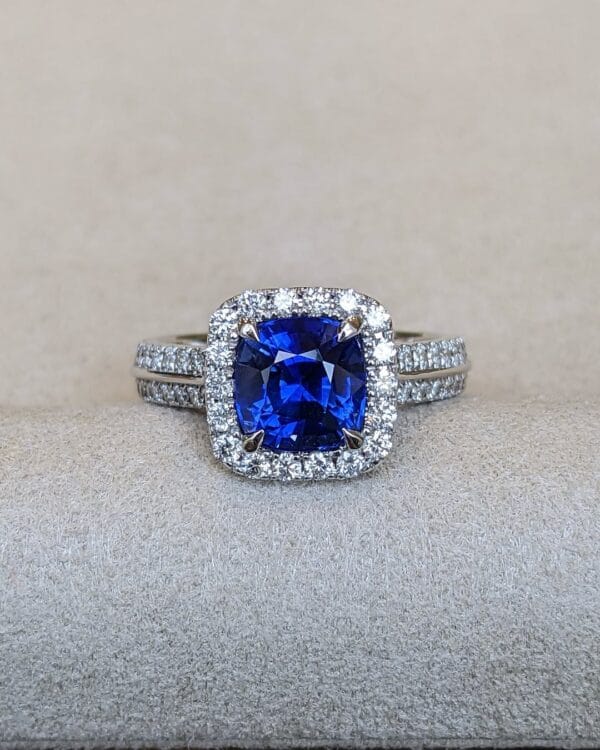 2.40Ct Blue Sapphire Cushion Cut Halo Ring | Elegant Anniversary Gift Jewelry For Women