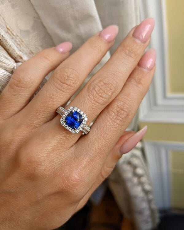 2.40Ct Blue Sapphire Cushion Cut Halo Ring | Elegant Anniversary Gift Jewelry For Women