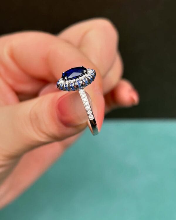 2.50Ct Blue Sapphire Oval Halo Solitaire Engagement Ring | Luxury Designer Ring for Her