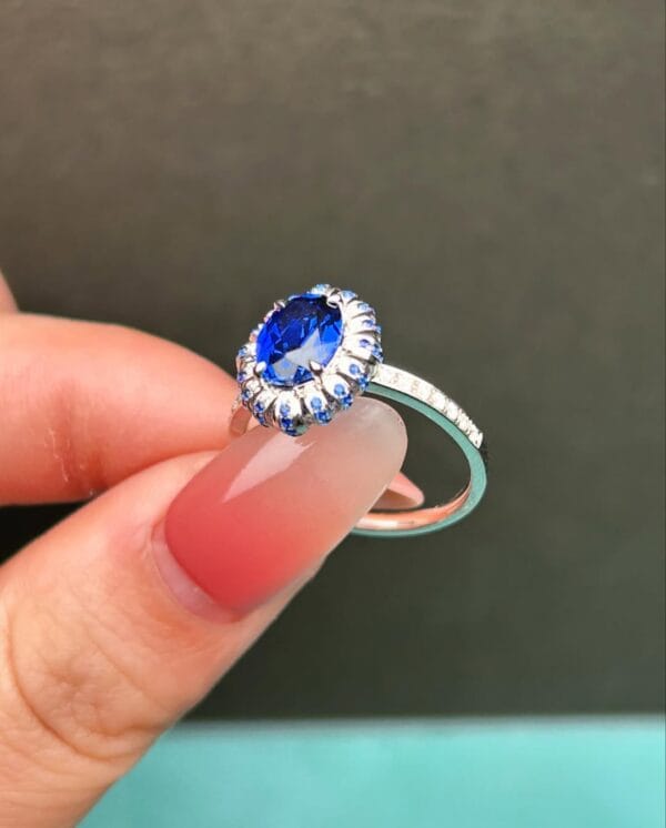 2.50Ct Blue Sapphire Oval Halo Solitaire Engagement Ring | Luxury Designer Ring for Her