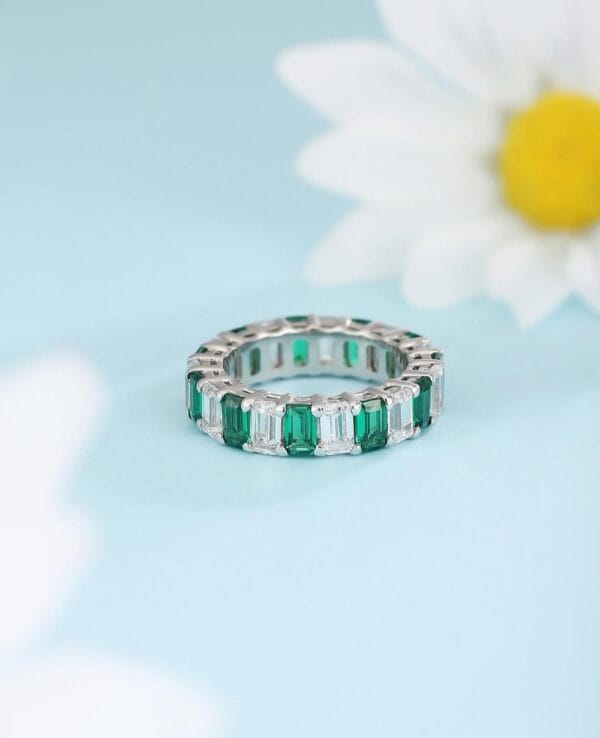 3.50Ct White & Green Emerald Cut Eternity Band | Full Stacking Promise Ring | Birthday Gift Jewelry for Women