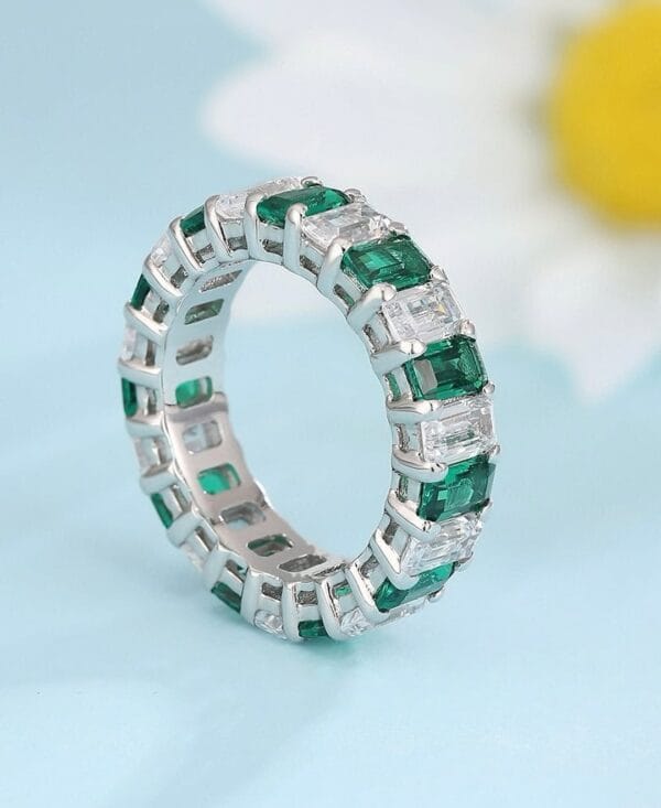 3.50Ct White & Green Emerald Cut Eternity Band | Full Stacking Promise Ring | Birthday Gift Jewelry for Women