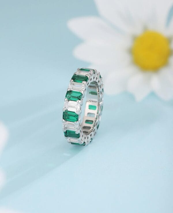 3.50Ct White & Green Emerald Cut Eternity Band | Full Stacking Promise Ring | Birthday Gift Jewelry for Women
