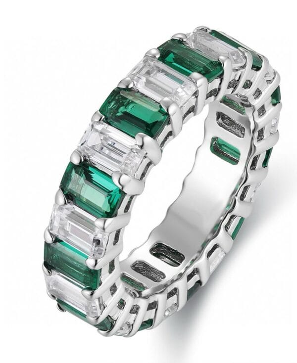 3.50Ct White & Green Emerald Cut Eternity Band | Full Stacking Promise Ring | Birthday Gift Jewelry for Women