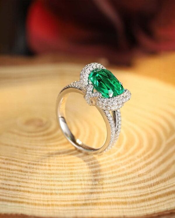 2.80Ct Green Cushion Cut Halo Cocktail Ring | Celebrity Inspired Statement Jewelry Gift for Women