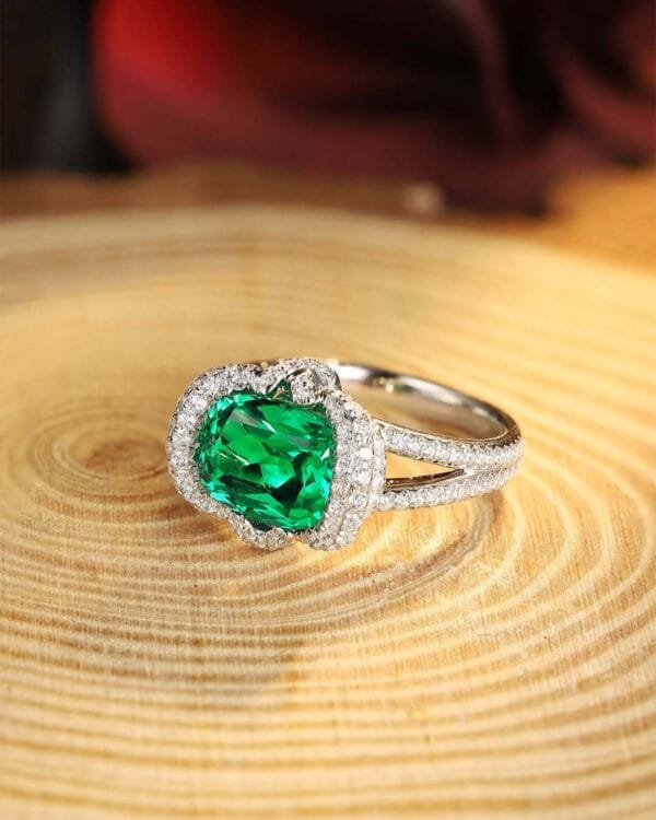 2.80Ct Green Cushion Cut Halo Cocktail Ring | Celebrity Inspired Statement Jewelry Gift for Women