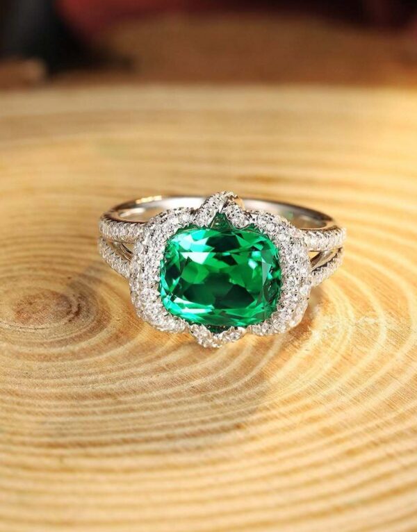2.80Ct Green Cushion Cut Halo Cocktail Ring | Celebrity Inspired Statement Jewelry Gift for Women