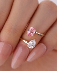 2.10Ct Pink Oval & White Pear Cut Toi Et Moi Ring | Two Stone Open Stacking Ring for Women | Elegant Birthday Gift Jewelry