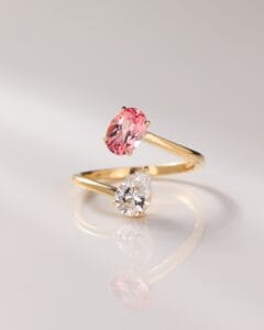 2.10Ct Pink Oval & White Pear Cut Toi Et Moi Ring | Two Stone Open Stacking Ring for Women | Elegant Birthday Gift Jewelry