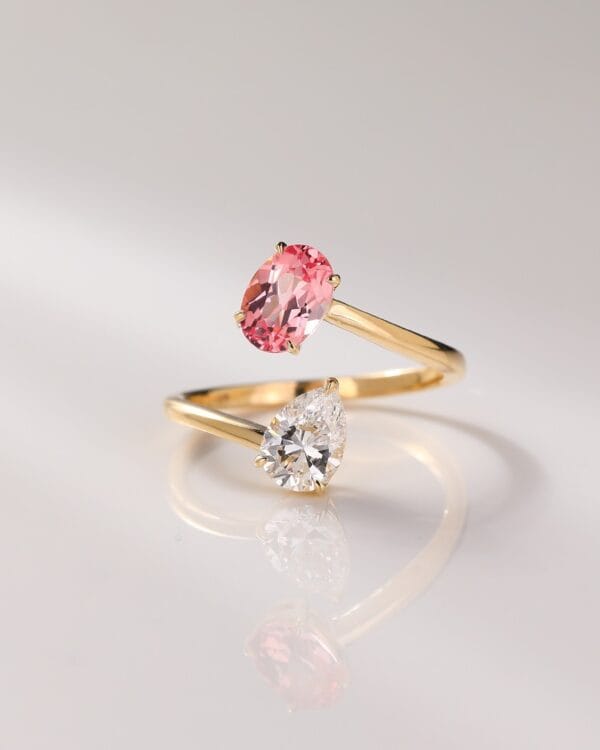 2.10Ct Pink Oval & White Pear Cut Toi Et Moi Ring | Two Stone Open Stacking Ring for Women | Elegant Birthday Gift Jewelry
