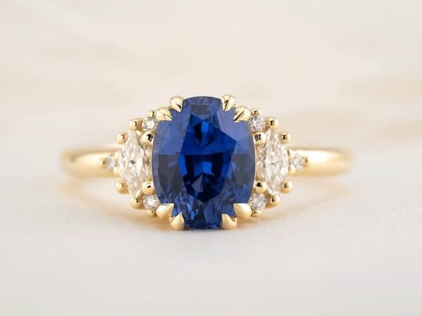 2.60Ct Blue Oval Sapphire Solitaire Engagement Ring with Accent Stones | Double Claw Prong Designer Ring for Her