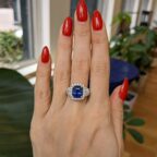 2.20Ct Blue Cushion Cut Halo Three Stone Engagement Ring | Glamorous Wedding Ring for Bride