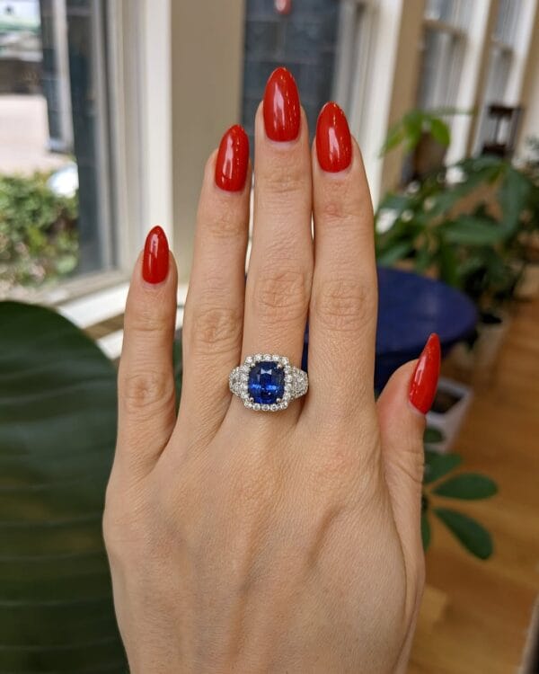 2.20Ct Blue Cushion Cut Halo Three Stone Engagement Ring | Glamorous Wedding Ring for Bride