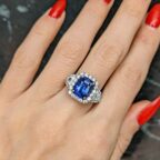 2.20Ct Blue Cushion Cut Halo Three Stone Engagement Ring | Glamorous Wedding Ring for Bride