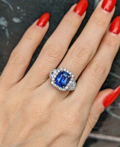 2.20Ct Blue Cushion Cut Halo Three Stone Engagement Ring | Glamorous Wedding Ring for Bride