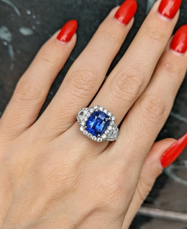 2.20Ct Blue Cushion Cut Halo Three Stone Engagement Ring | Glamorous Wedding Ring for Bride
