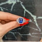 2.20Ct Blue Cushion Cut Halo Three Stone Engagement Ring | Glamorous Wedding Ring for Bride