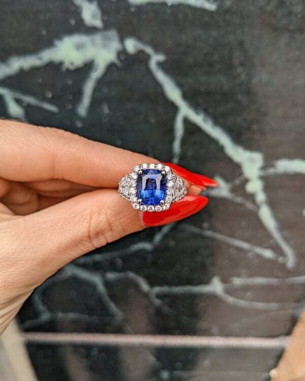 2.20Ct Blue Cushion Cut Halo Three Stone Engagement Ring | Glamorous Wedding Ring for Bride