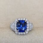 2.20Ct Blue Cushion Cut Halo Three Stone Engagement Ring | Glamorous Wedding Ring for Bride