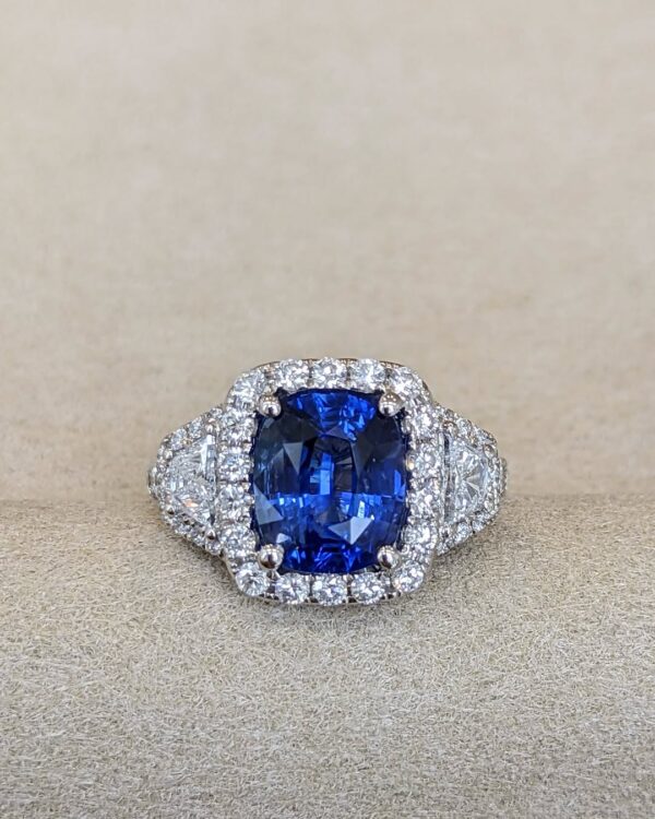 2.20Ct Blue Cushion Cut Halo Three Stone Engagement Ring | Glamorous Wedding Ring for Bride