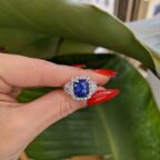 2.20Ct Blue Cushion Cut Halo Three Stone Engagement Ring | Glamorous Wedding Ring for Bride