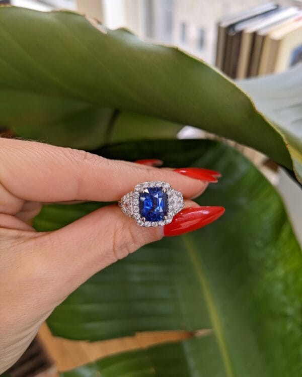 2.20Ct Blue Cushion Cut Halo Three Stone Engagement Ring | Glamorous Wedding Ring for Bride